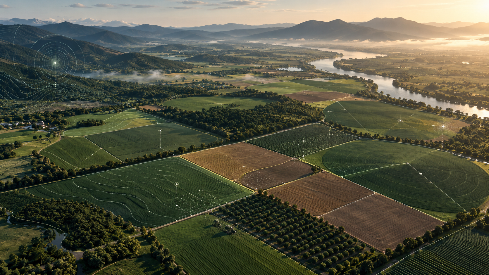 Aerial farmland representing continuous AGROSCOPS Farm Intelligence