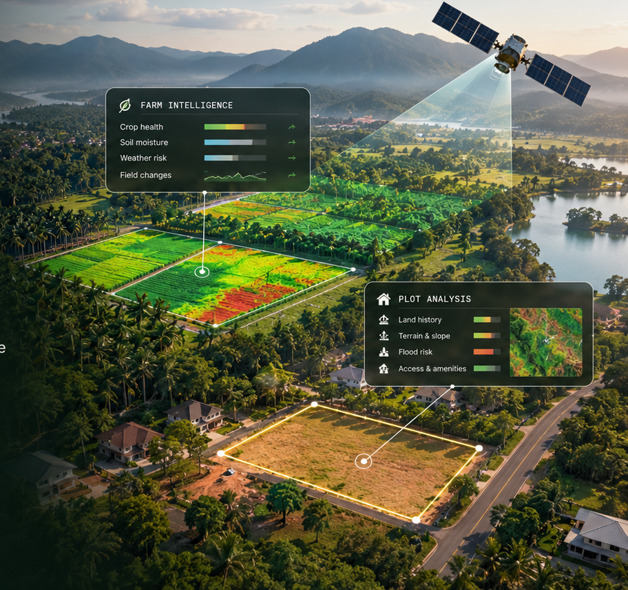 Aerial view combining farm monitoring and residential plot analysis